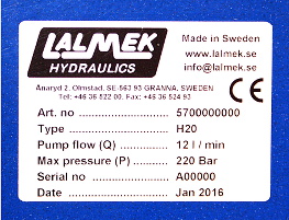 Samtliga hydraulaggregat som levereras från Lalmek Hydraulics har ett CE-märke där artikelnummer och serienummer framgår.